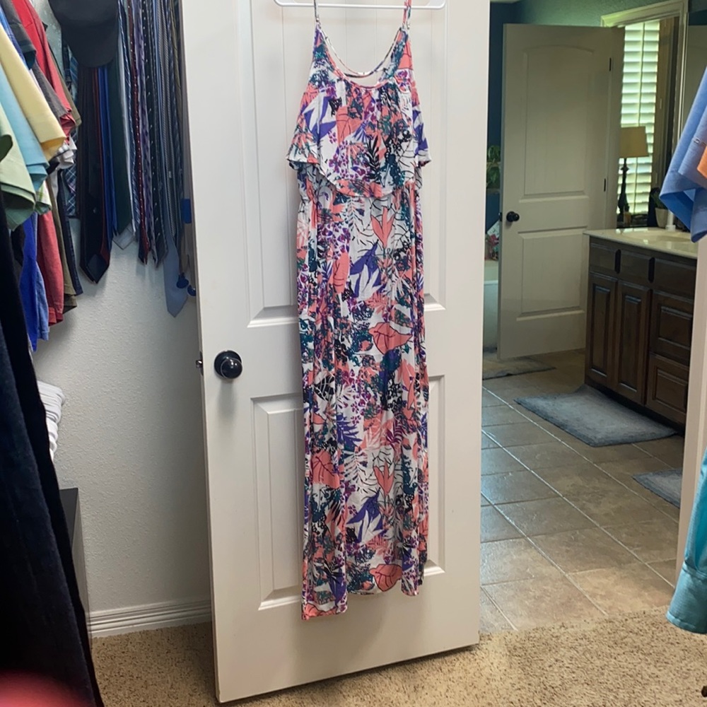 Floral Print Pink & Purple Maxi Dress with Ruffle Bodice
